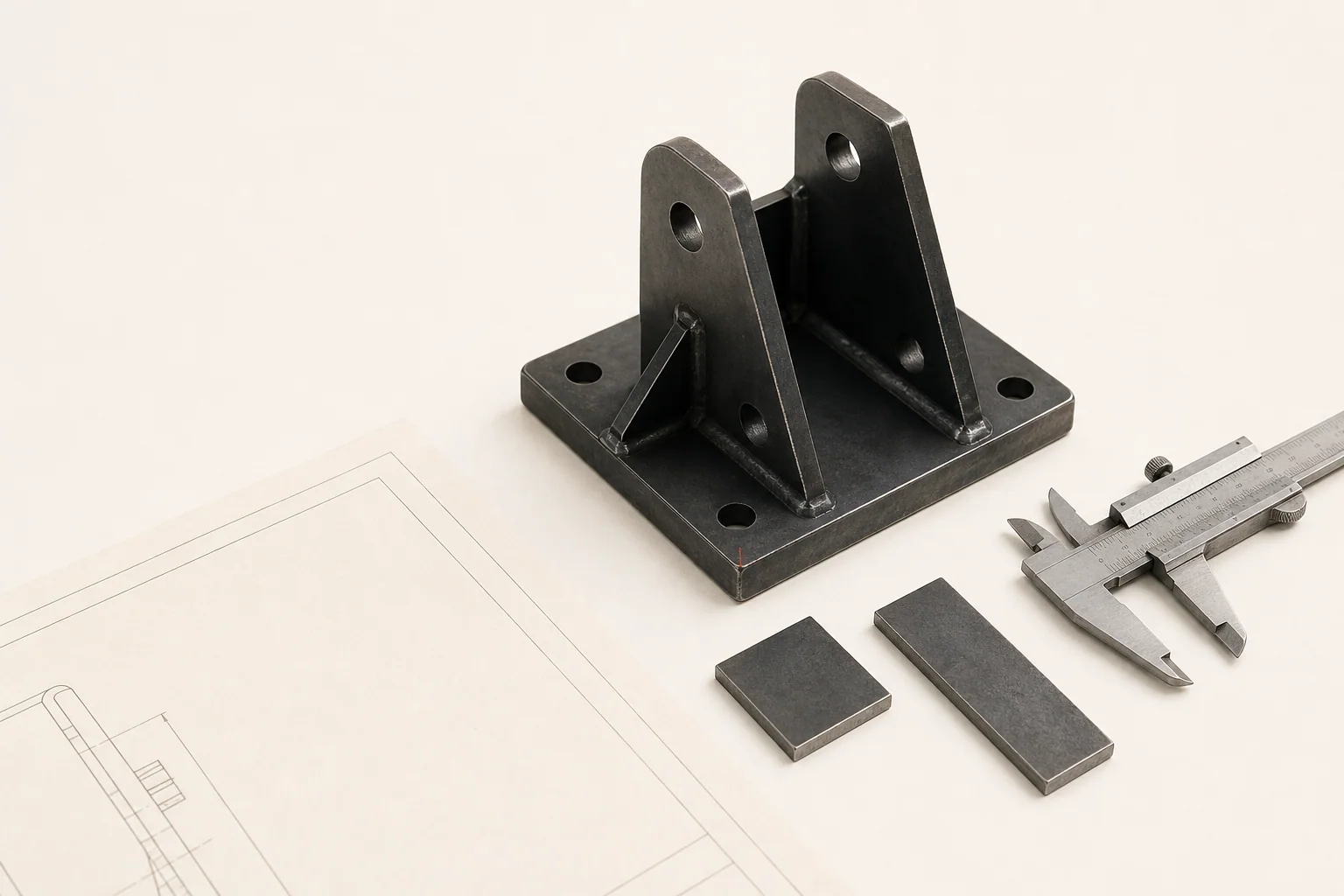 Fabricated steel bracket, material samples, drawing, and caliper prepared for inspection