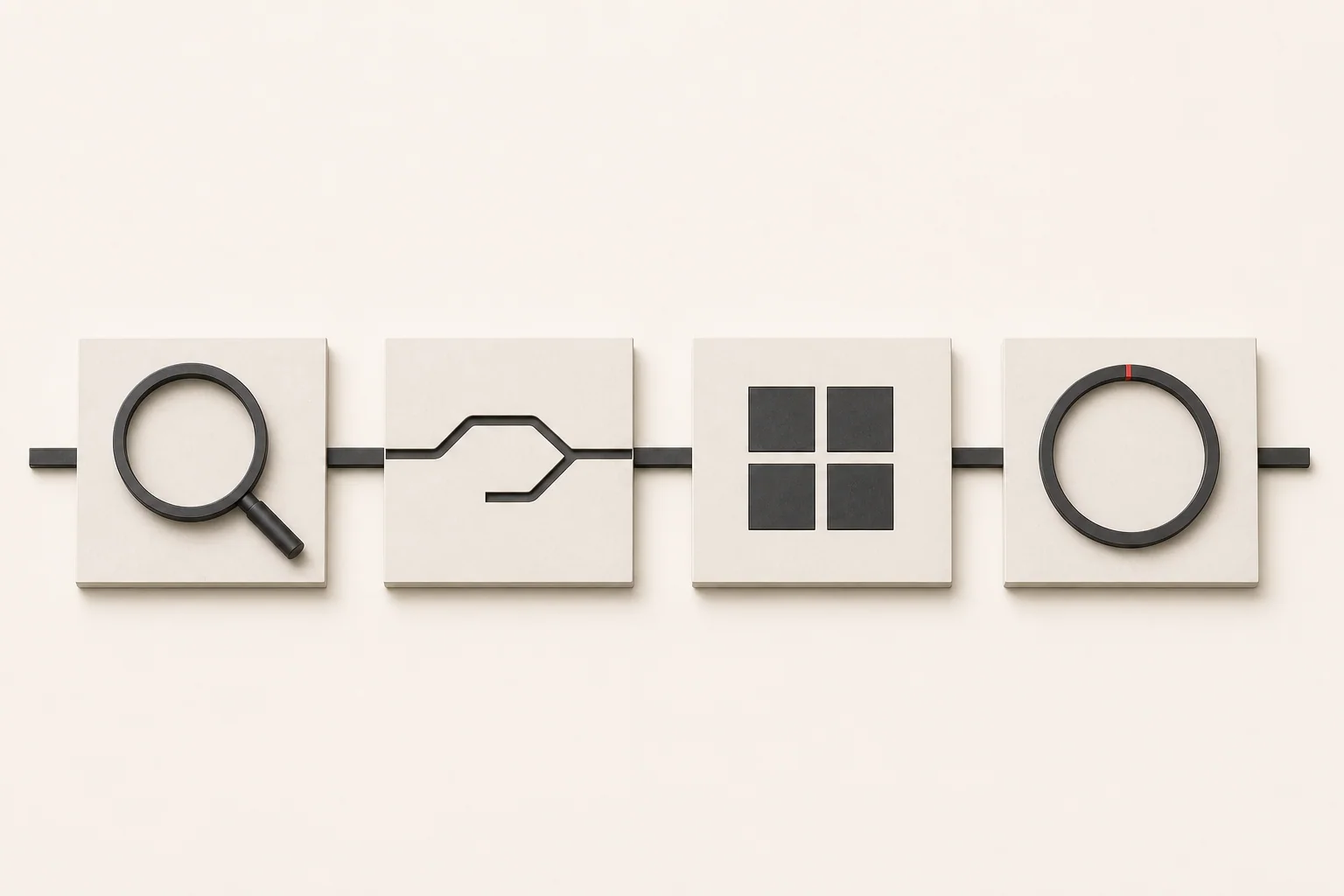 Four connected cream process stages representing discovery, strategy, build, and ongoing optimization