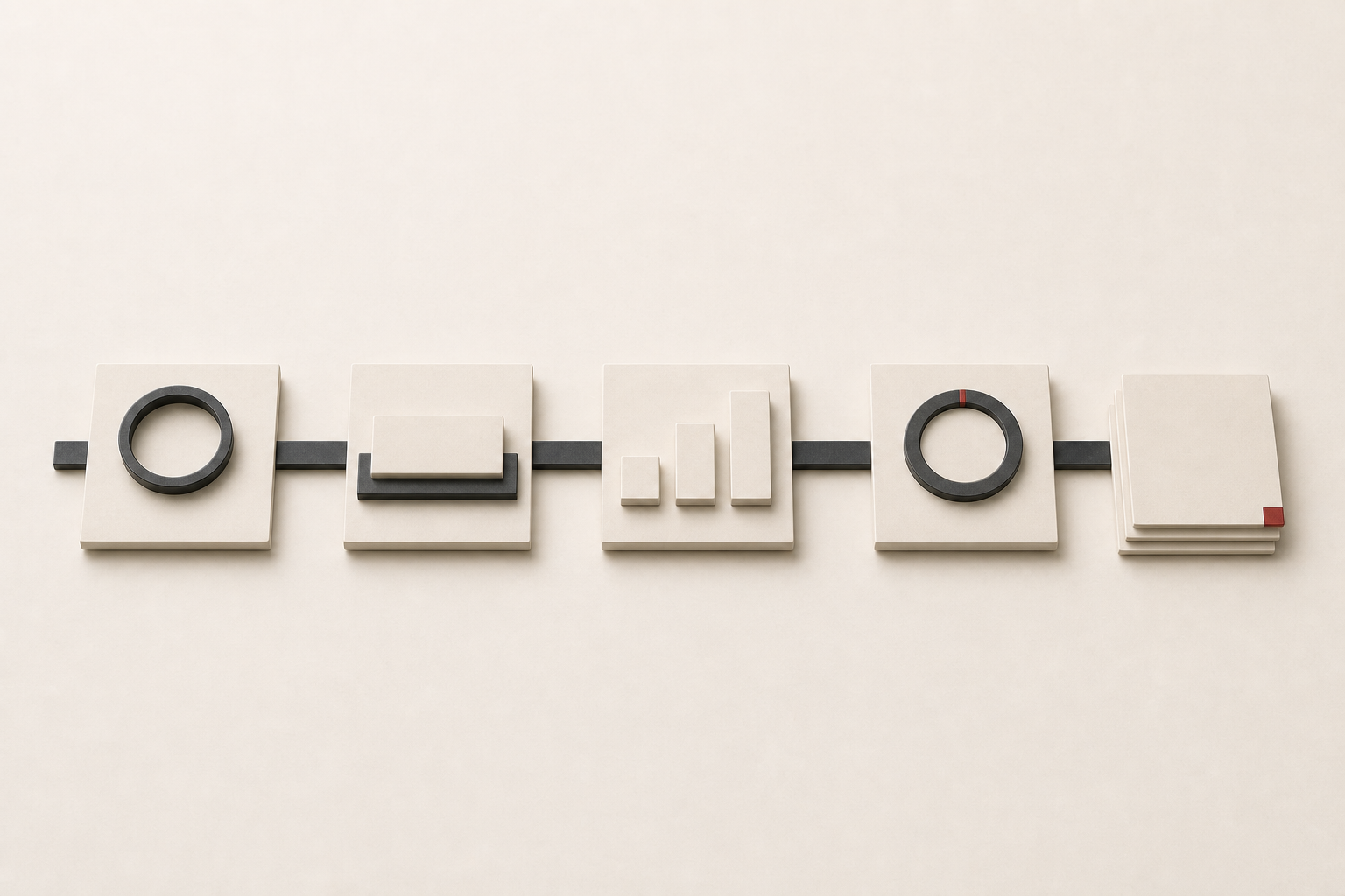 Four connected program checkpoints representing inquiry gaps, priority improvements, channel coordination, and investment decisions before a growing stack of inquiry cards