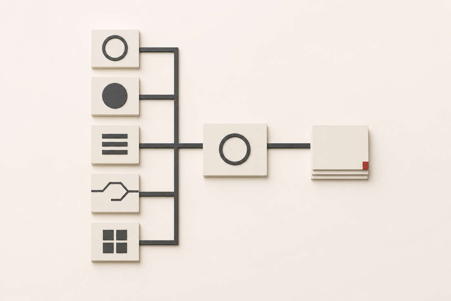 Five marketing workstream modules feeding one coordinated growth program and ending in a stack of qualified inquiry cards
