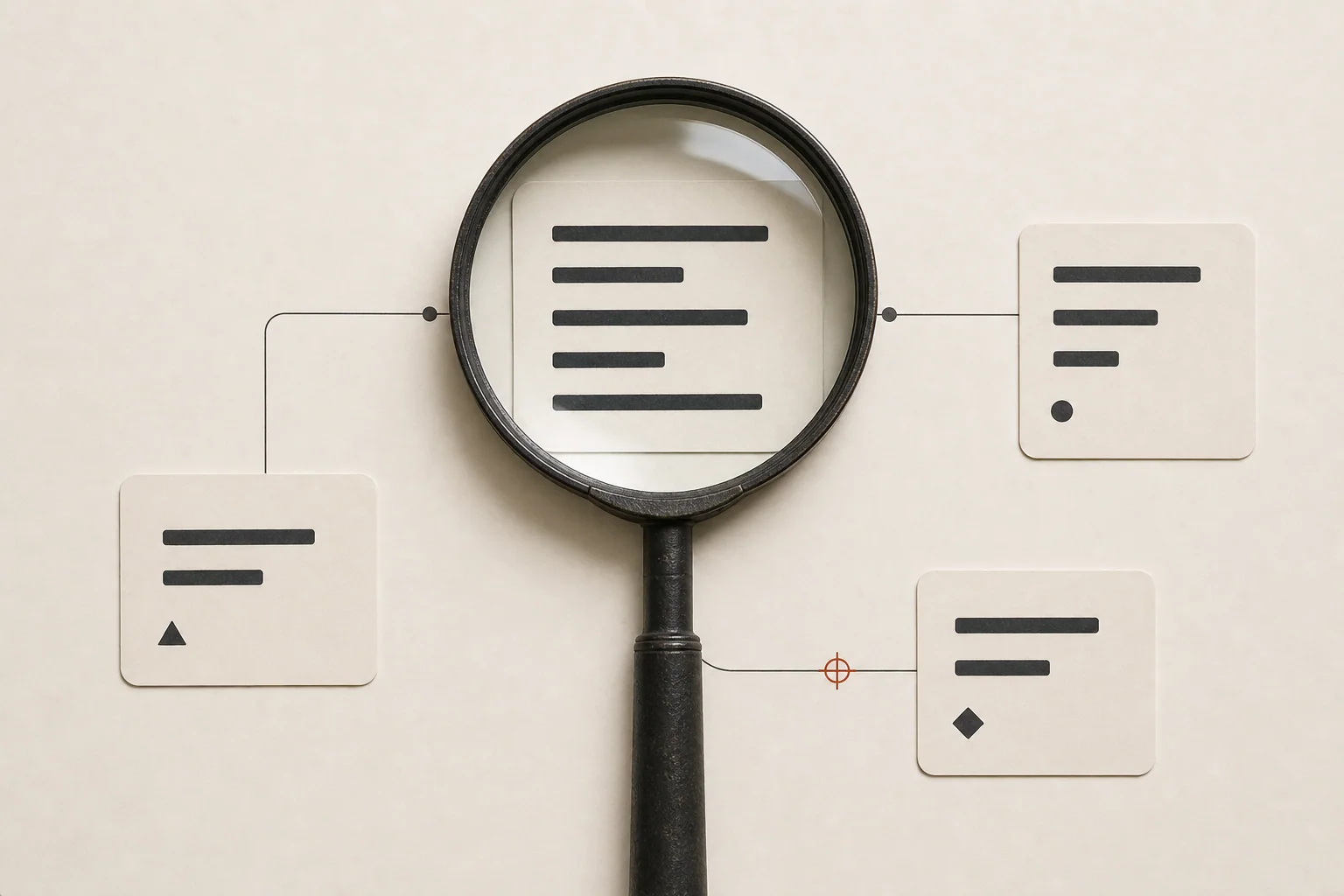 A magnifying lens examining abstract query bars linked to three grouped intent cards