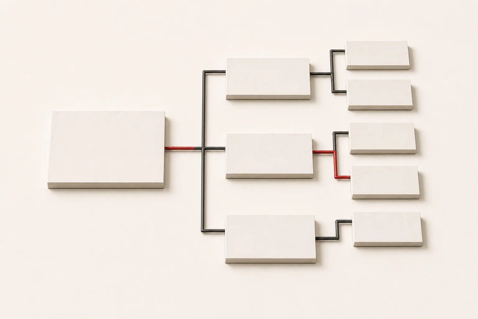 Blank webpage cards connected in a hierarchy, with one red path tracing from a primary page to a conversion page
