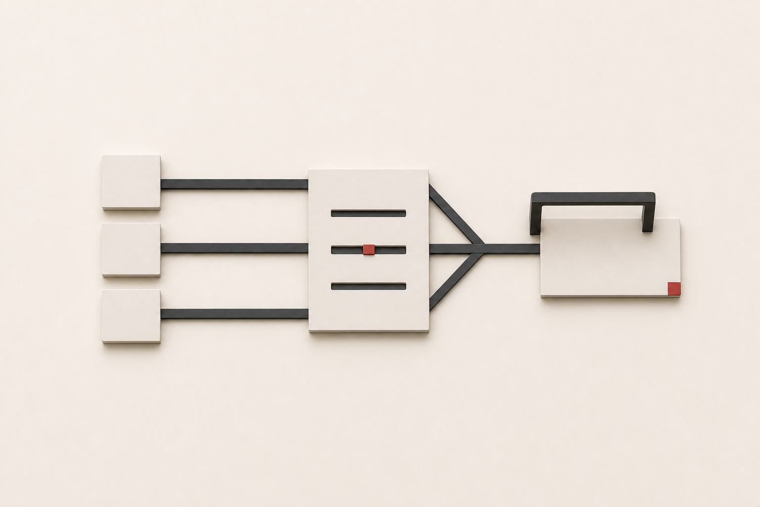 Three service starting paths entering a selector with one red priority marker before converging into a recommendation card